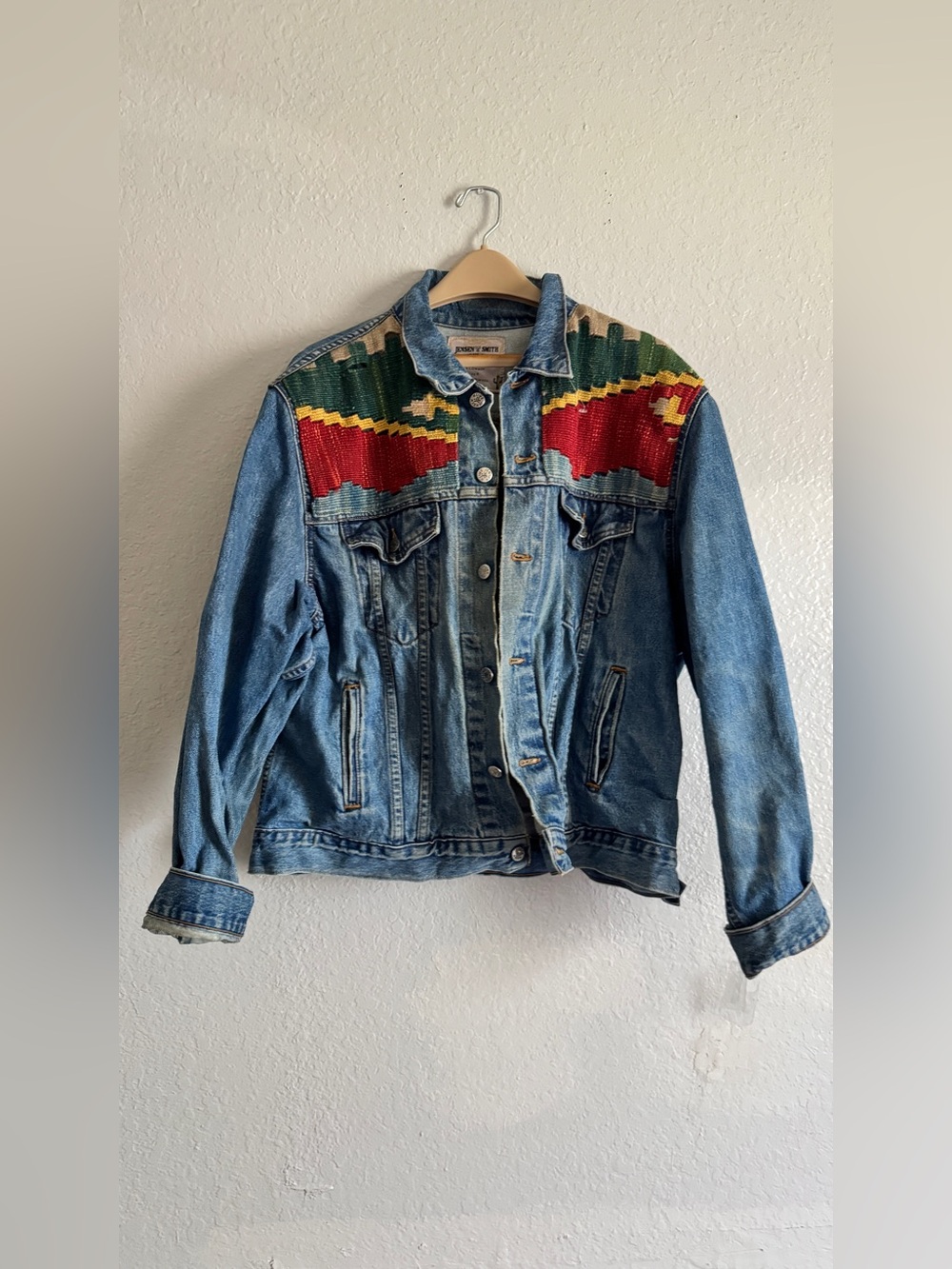 Vintage Jensen Smith Western Woven Southwestern Knit Denim Distressed Jacket